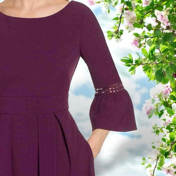 Eliza J ‘3/4 Length Bell Sleeve Fit & Flare Dress’ in “Plum Burgundy” Size 12 - Picture 2 of 15